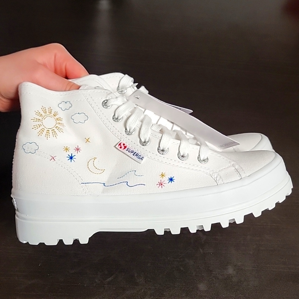 Superga 2341 Alpina Multi Embroidered White High Top Sneakers Women's Size 7.5